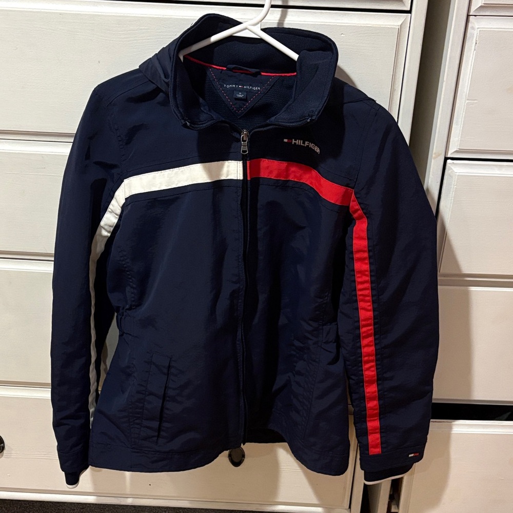 Tommy Hilfiger Navy Windbreaker with Red & White Stripe Accents